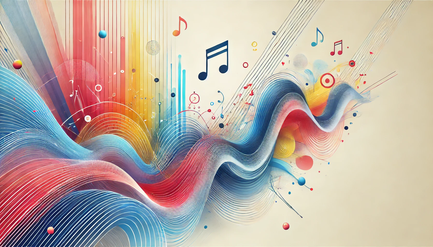 A horizontal, bright, and abstract design capturing the essence of rhythm and motion in music. The image includes colorful flowing lines and dynamic wave-like patterns that symbolize sound vibrations and rhythm. There are no musical instruments or notes, focusing purely on the abstraction of musical flow and creativity. The overall aesthetic is clean, modern, and inviting, with a vibrant yet minimalist style.